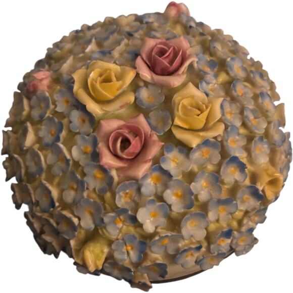 Vintage Elfinware Porcelain Round Mini Trinket Box Forget Me Nots & Roses - Picture 1 of 3